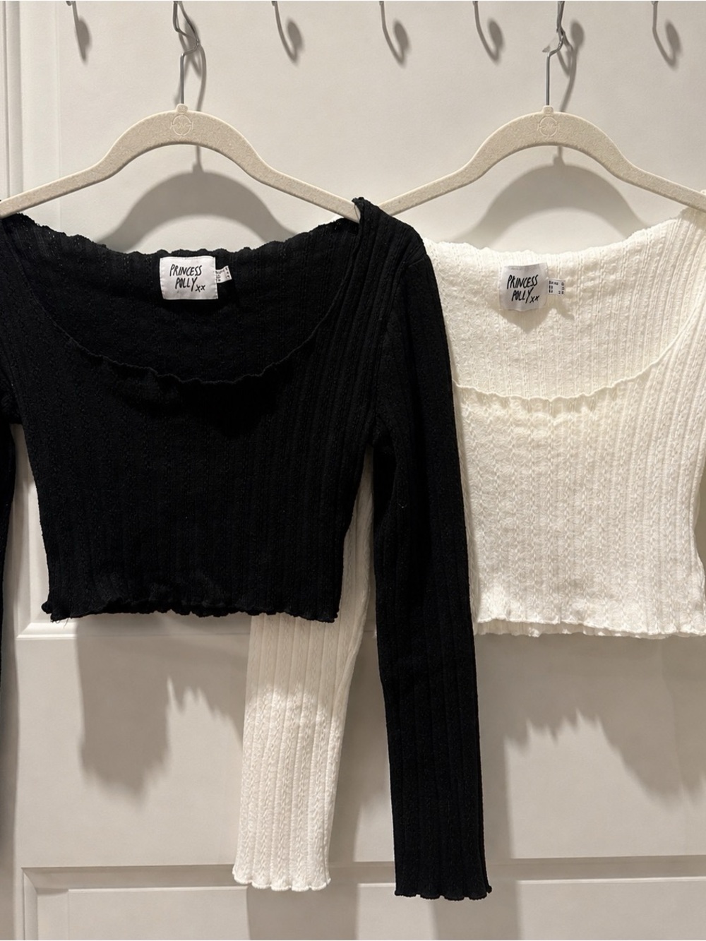 Princess Polly Black & White Ribbed Lettuce-Edge Crop Tops (Set)